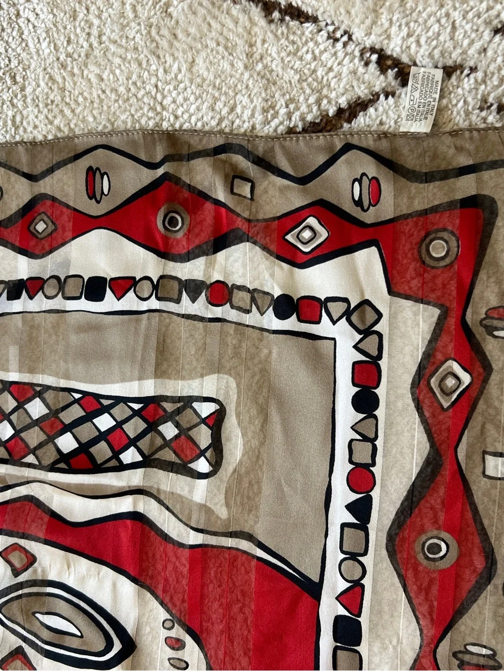 VTG Made in Italy Geometric Tribal Graphic Scarf Abstract Sheer Red Taupe 33